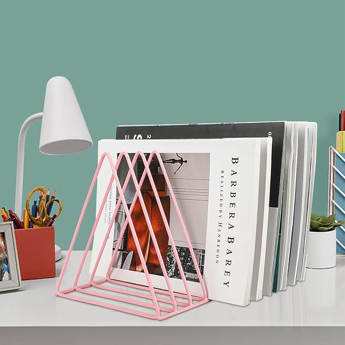 EASEPRES Vinyl Record Holder Storage, 9 Slot Metal Magazine Book Album Display Rack, Stylish Triangle Desktop File Sorter Organizer for Home Office, Pink