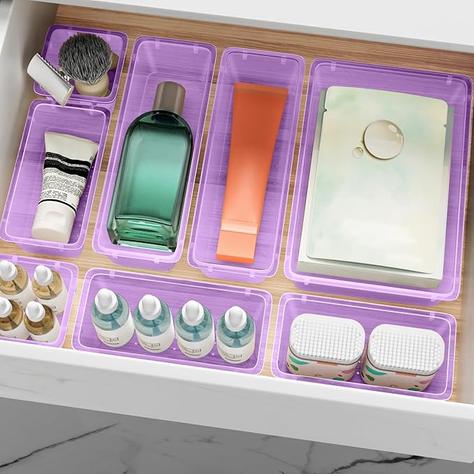 12-Piece Drawer Organizer Set, 4 Sizes Versatile Plastic Vanity Organizer for Makeup, Stationery, Gadgets, in Kitchen, Bathroom, Office, and Bedroom, Purple-NeatNest