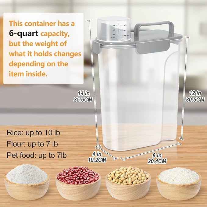 Dog Cat Food Storage Container, 5-7 Lbs Airtight Pet Food Storage Container with Easy-Pouring Spout and Portable Handle, Bird Seed Dispenser, Kitchen Organizer for Rice Cereal Flour -Light Grey-NeatNest