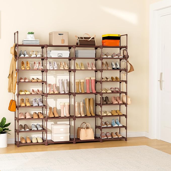 ROJASOP Large Shoe Rack Organizer for Entryway Closet 64-68 Pairs 9-Tier Heavy Duty Tall Garage Shoe Rack Shoe Shelf Shoes Storage with 18 Pcs Removable Side Hooks for Bedroom and Garage Brown-NeatNest
