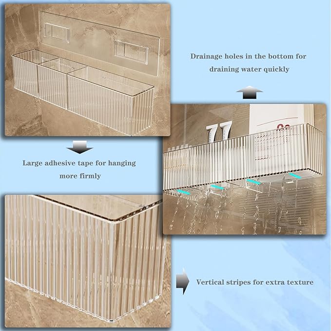 2 Pack Bathroom Makeup Organizer Wall Mount Clear Bathroom Organizers and Storage with 3 Compartments Plastic Storage Organizer Bins Floating Shelves for Wall, Narrow Space, Office, Bedroom 14''Length-NeatNest