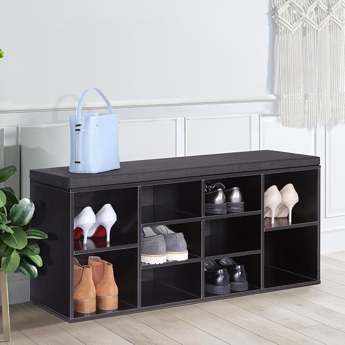 Shoe Storage Bench, Entryway Bench with Storage, 3-Tier Shoe Rack Bench 10 Cubbies Adjustable Shelves Shoe Organizer Shelf for Hallway Front Door Living Room Bedroom