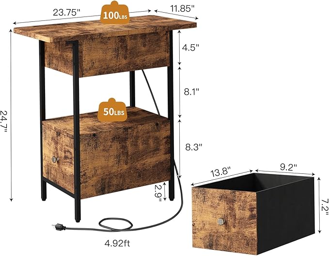 SOOWERY End Table with Charging Station, Narrow Side Table with Flip Top Cabinet and Fabric Drawer, Nightstand Bedside Tables for Small Spaces, Bedroom, Living Room, Rustic Brown