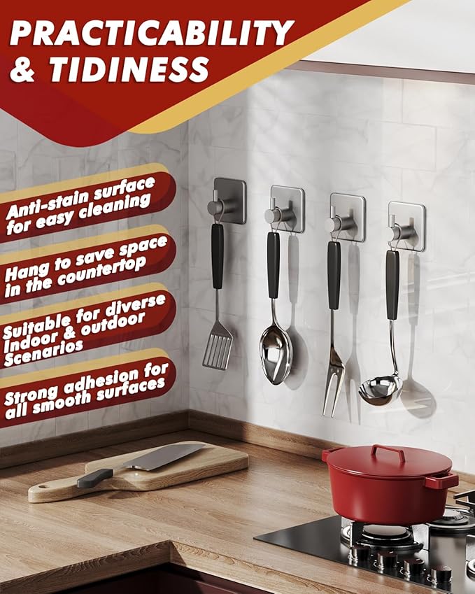 Adhesive Hooks Heavy Duty 30lb(Max) Wall Hooks, 5 Pack Damage Free Stainless Steel Hanger for Hanging Coat, Hat, Towel Robe, Waterproof Oilproof Rustproof Hook for Bathroom Shower Kitchen Office