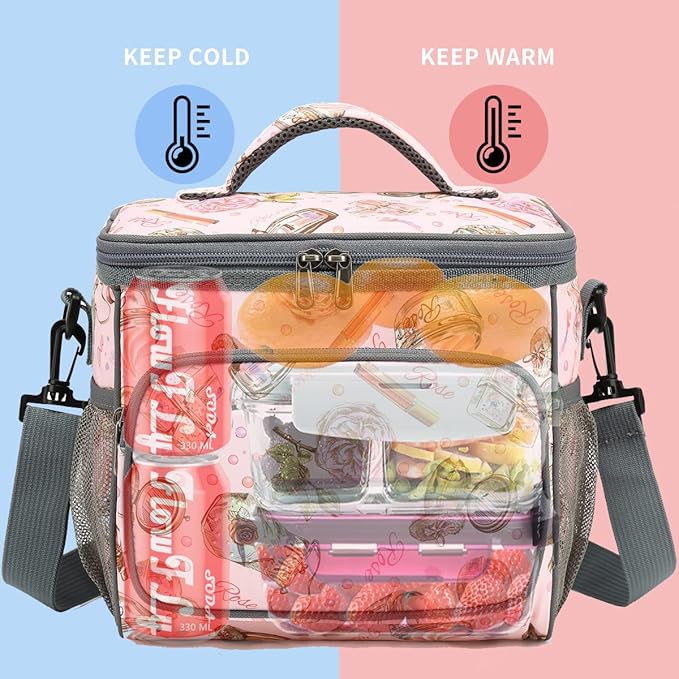 FlowFly Insulated Reusable Lunch Bag Adult Large Lunch Box for Women and Men with Adjustable Shoulder Strap,Front Zipper Pocket and Dual Large Mesh Side Pockets,Rose-NeatNest
