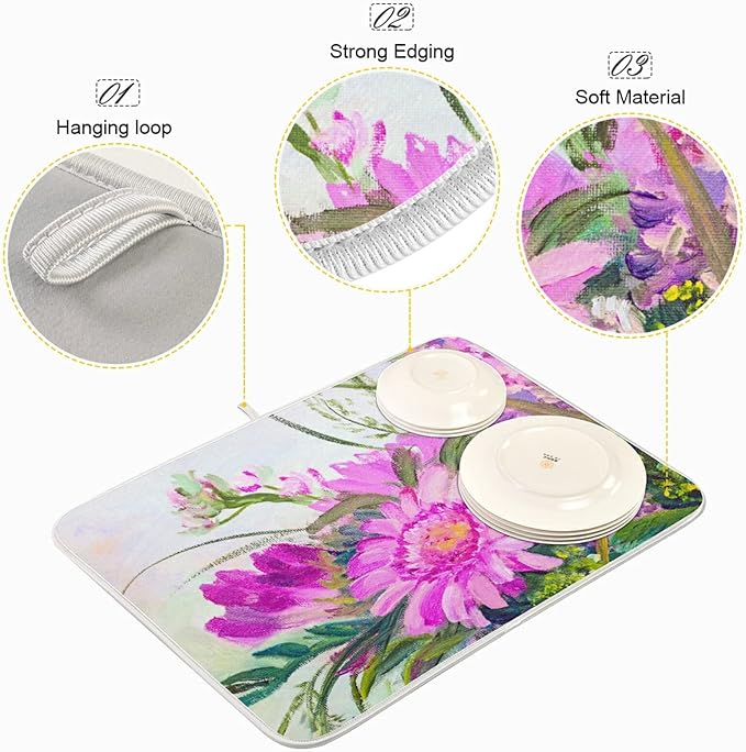 Absorbent Dish Drying Mat for Kitchen Counter - Oil Painting Flowers Microfiber Drying Pad, Reversible Drainer Mats for Countertop, Large 18" x 24"