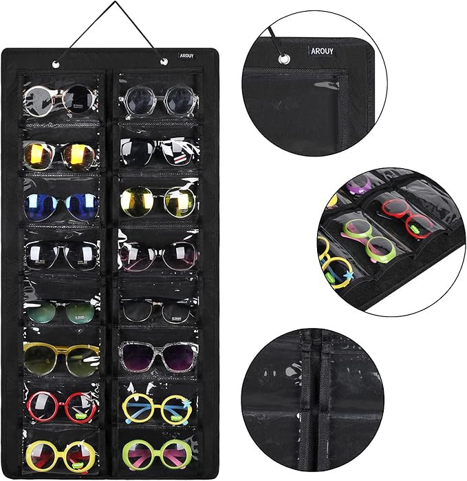 AROUY Sunglasses Organizer Storage, Hanging Dust Proof Wall Pocket Glasses Organizer - 16 Felt Slots Sunglass Organizer Holder with Metal Hook and Sturdy Rope (Black, Dust Proof)-NeatNest