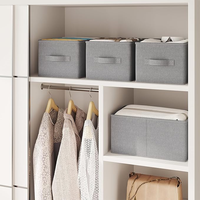 3 Pack Fabric Storage Bins for Shelves | 11.5x8.75x6.5in Closet Storage Baskets | Collapsible Storage Bins | Fabric Closet Organizers with Handles | Light Gray-NeatNest