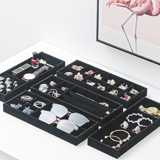 Divided Drawer Organizer Tray, Velvet Jewelry Storage Tray, Necklace Bracelet Ring Earring Display Tray,Bedside Nightstand Desk Holder Tray for Phone Watch Sunglasses Cosmetics Storage/Black/7grid-NeatNest