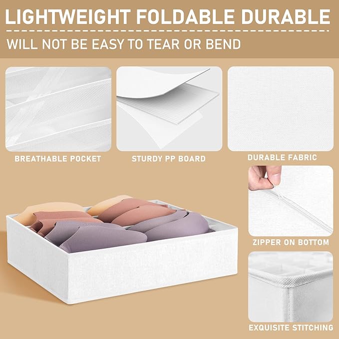 3 Pack Bra Underwear Drawer Organizer Dividers, 26 Cell Fabric Foldable Dresser Closet Organizers and Storage Boxes for Baby Clothes, Bra, Socks, Underwear, Ties (5+5+16 Slots, White)-NeatNest