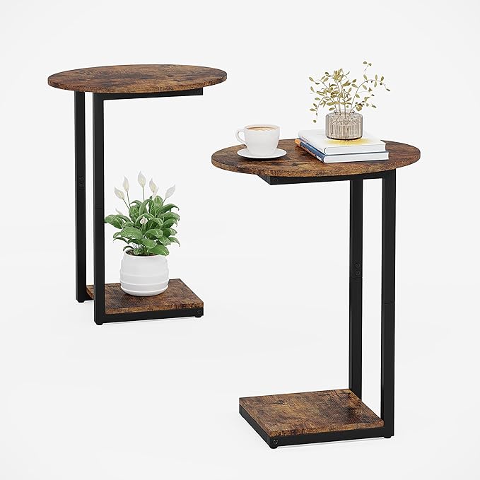Hosfais Small Side Table Set of 2, C-Shaped Wood Sofa End Table with Metal Frame for Living Room, Bedroom, Small Spaces (Rustic Brown)