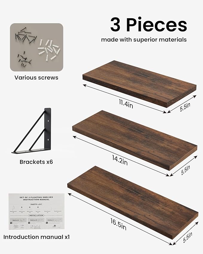 BAYKA Wall Shelves for Bedroom Decor, Floating Wall Shelves for Living Room Kitchen Storage, Wall Mounted Rustic Wood Floating Shelves for Kids Books,Corner Shelves for Bathroom(Set of 3)-NeatNest