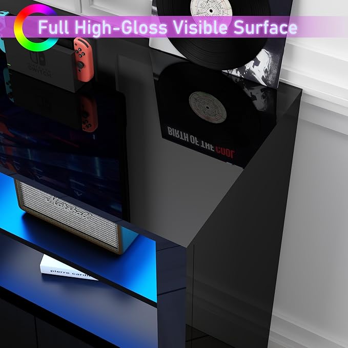 32'' Tall Black TV Stand for 65/75/80/85 Inch TVs with RGB LED Lights,Modern High Gloss Entertainment Center Cabinet Stands with Storage Shelves and Doors,TV Media Console Table for Living Room-NeatNest