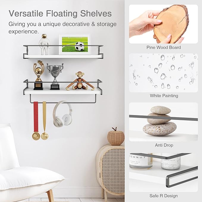 Forbena White Floating Shelves for Bathroom Organizer Over Toilet, Bathroom Shelves Wall Mounted with Towel Rack, Corner Wall Shelf for Bedroom Decor Kitchen Storage (White-Dark Grey, Set of 2)