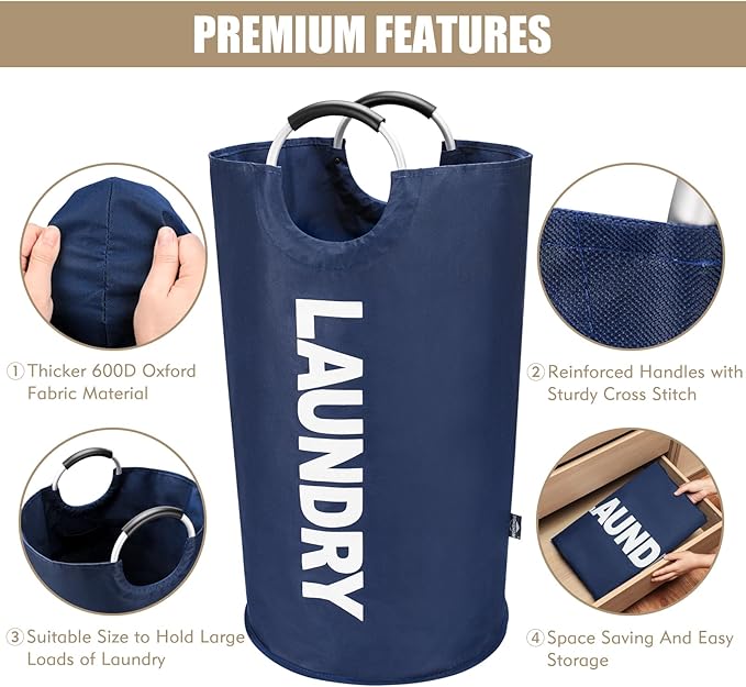 DOKEHOM 90L Large Laundry Basket, Collapsible Laundry Bag, Freestanding Tall Clothes Hamper, Foldable Washing Bin (Dark Blue)-NeatNest