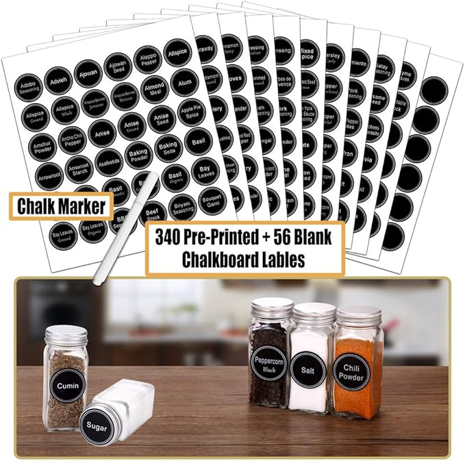 SWOMMOLY Spice Rack Organizer with 18 Empty Square Spice Jars, 396 Spice Labels with Chalk Marker and Funnel Complete Set, Spice Organizer for Countertop, Cabinet or Wall Mount, Black