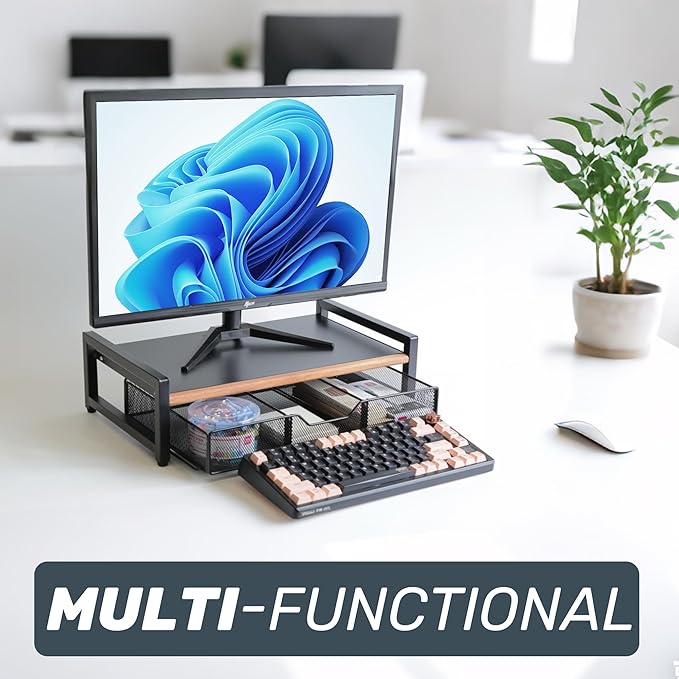 Monitor Riser,Monitor Stand for Desk -Metal Computer Riser with Solid Wood Decorative Strips.Desk Storage for Office, Home (with Storage)