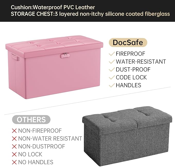 DocSafe Storage Ottoman Bench with Lock,Fireproof 30 Inches Folding Bench Foot Rest Stool Storage Chest Safe for Living Room,Bedroom,Home Office,Waterproof Leather Ottoman with Handles,Pink-NeatNest