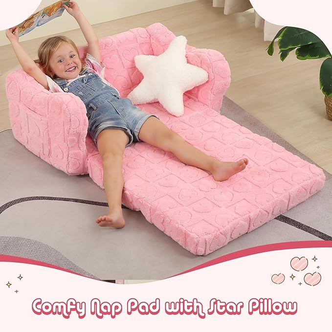 Extra Wider Seating Toddler Couch, 2-in-1 Toddler Soft Couch Fold Out with Star Pillow, Convertible Sofa to Lounger for Girls and Boys, Pink Heart-NeatNest