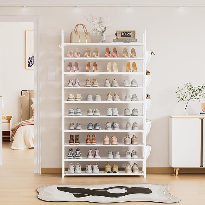Tall Shoe Rack 10 Tier Shoe Racks Organizer for Closet 40-45Pairs,Large Capacity Storage Rack for Shoes with 5Hooks,Sturdy Metal Shoe Shelf, Vertical Shoe Stand Tower-NeatNest