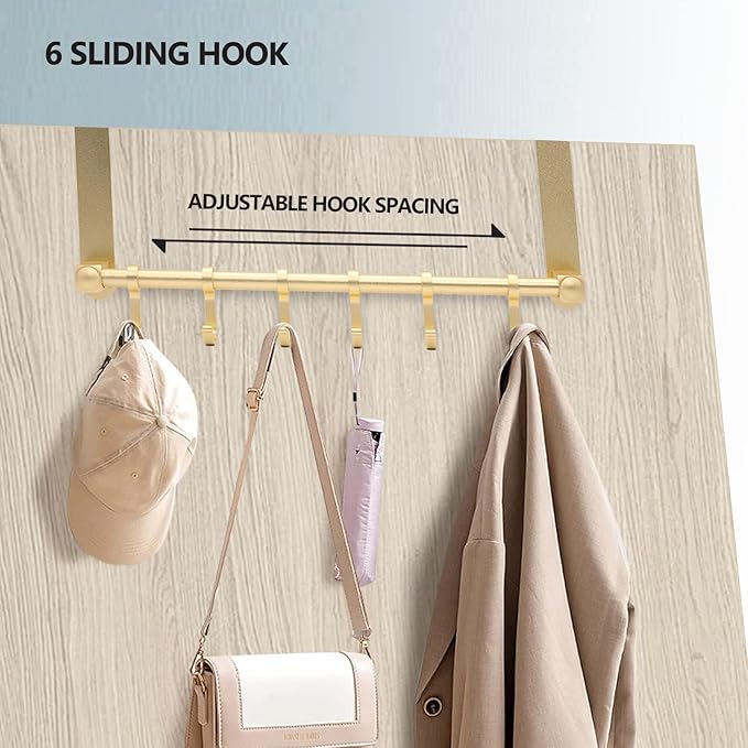 Over The Door Hooks Door Hanger, Moving 6-Hooks Over Door Coat Rack for Hanging, Aluminum Heavy Duty Door Organizer for Towel Robe Hat Bag, Behind Back of Door Bathroom (Gold)