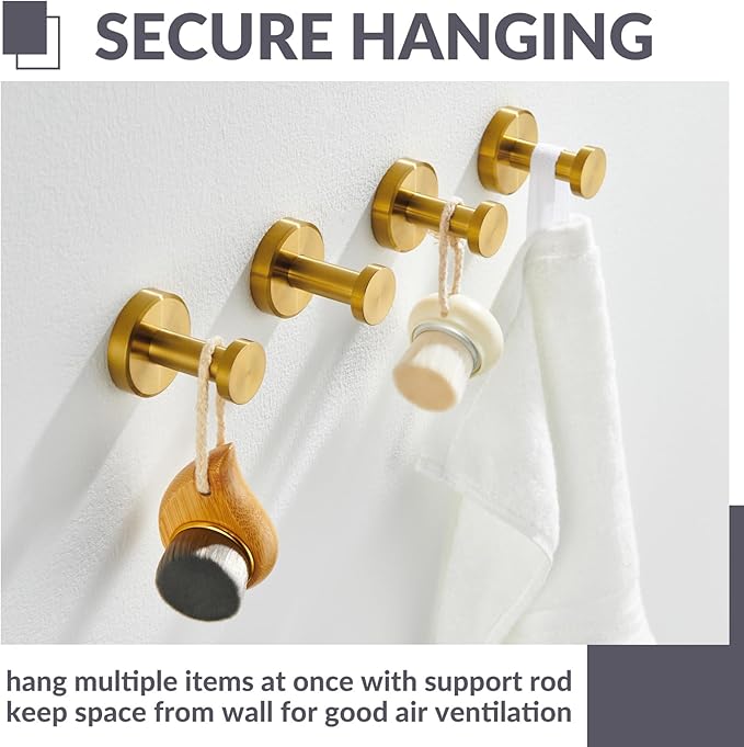 APLusee Round Robe Towel Hook 4 Pack Brushed Gold, 304 Stainless Steel Coat Utility Hook Bathroom Wall Mount