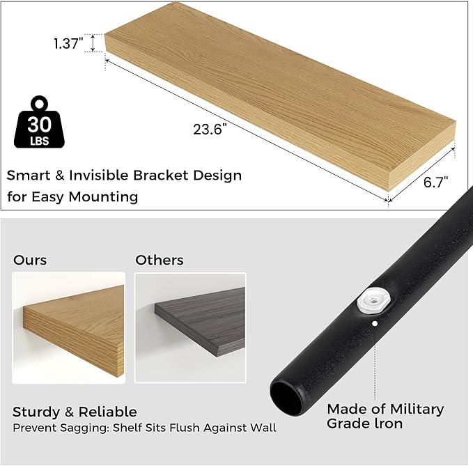 Floating Shelves for Wall, 24"W x 6.7"D x 1.4"H, 2 Pack of Long Wall Mounted Engineered Wood Shelves with Invisible Brackets for Living Room, Bedroom, Bathroom, Kitchen Decor and Storage, Oak-NeatNest