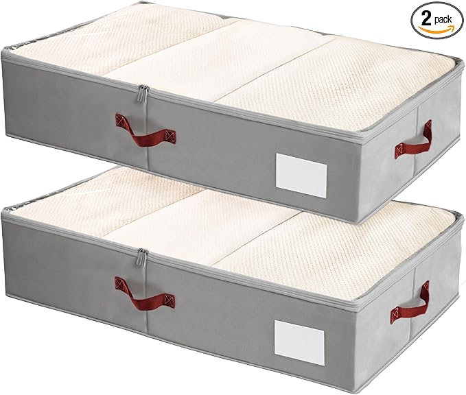 Criusia Under Bed Storage Bins with Clear PVC Lids – 2 Pack Large Underbed Organizers with Heavy-Duty Handles, Reinforced with 800G PP Panels & 80G Non-Woven Fabric – Waterproof & Foldable, Gery-NeatNest