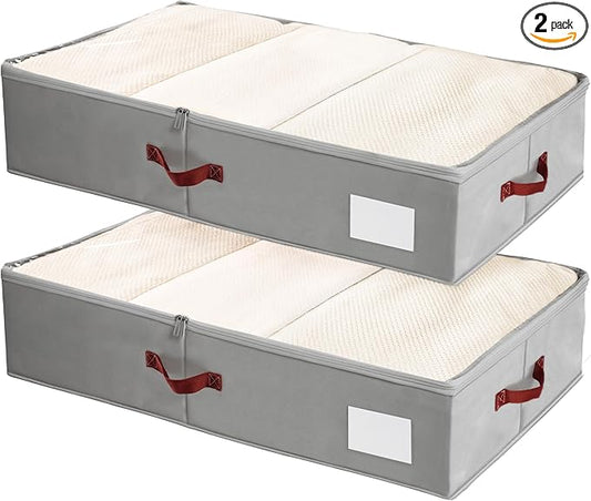 Criusia Under Bed Storage Bins with Clear PVC Lids – 2 Pack Large Underbed Organizers with Heavy-Duty Handles, Reinforced with 800G PP Panels & 80G Non-Woven Fabric – Waterproof & Foldable, Gery-NeatNest