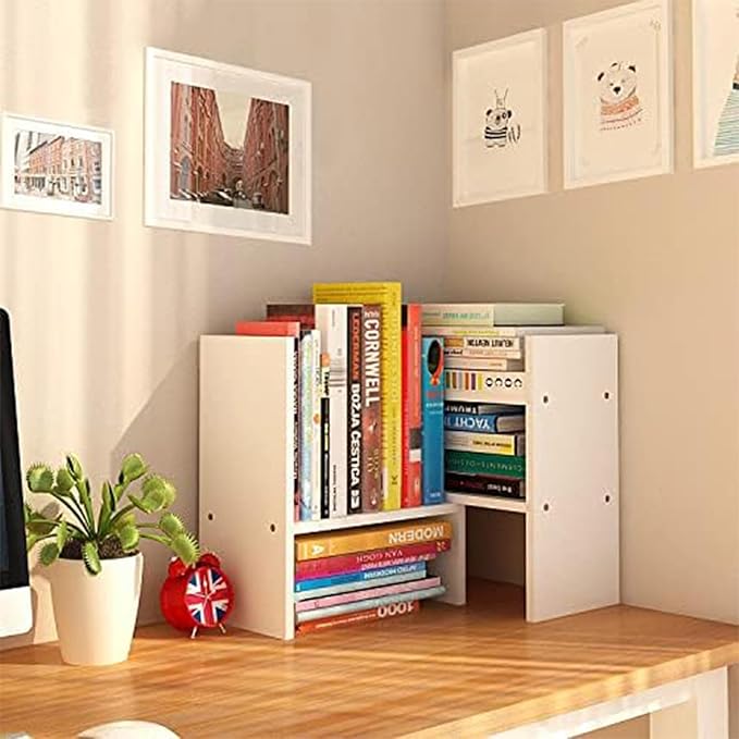 Desktop Shelf Organizer, Adjustable Wood Office Storage Rack, Counter Display Small Bookshelf for Home/Office/School(White)-NeatNest