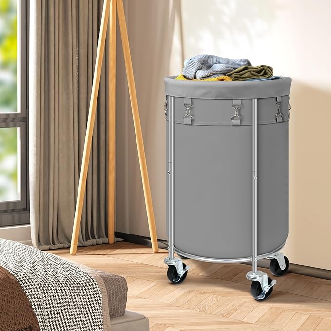 Laundry Hamper with Wheels, 100L Round Rolling Laundry Basket Sorter with Removable Bag, Clothes Cart Organizer with Steel Frame for Bedroom, Bathroom, Laundry Room, Grey