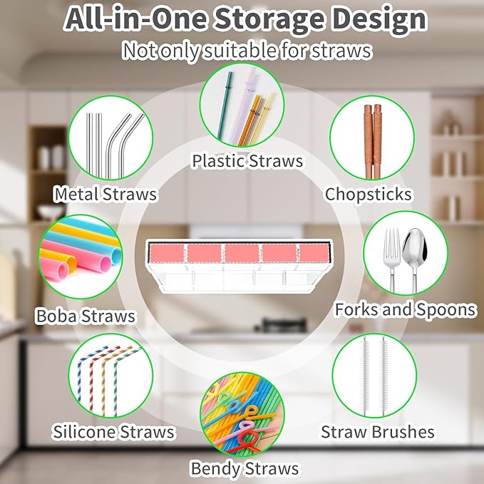 Acrylic straw holder for cabinet door, Reusable Tumbler Straw Organizer Storage for Cupboard Drinking Straws Dispenser for Kitchen Counter, Ultra Sticky Cupboard Door Mounted (Transparent)