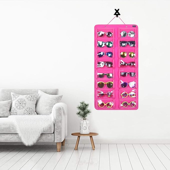 AROUY Sunglasses Organizer Storage, Hanging Dust Proof Wall Pocket Glasses Organizer - 16 Felt Slots Sunglass Organizer Holder with Metal Hook and Sturdy Rope (Dust Proof, Rose)-NeatNest