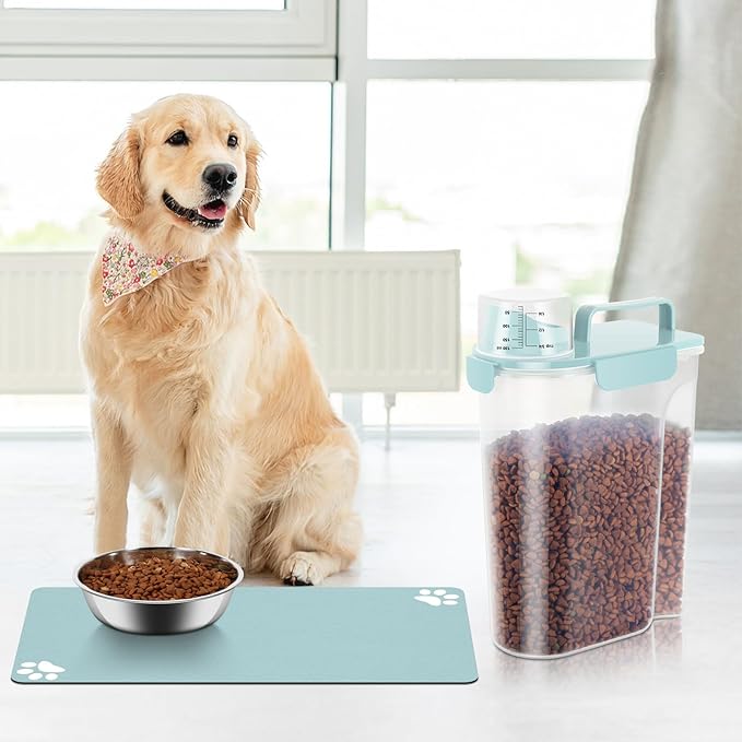 Dog Cat Storage Container Portable with Upgraded Large Spout and Cup, Plastic Pet Food Dispenser for Small Animal Kibble, Bird Seed, Oatmeal, Rice, Flour (2, Sky Blue, 5L (+ Pet mat))-NeatNest
