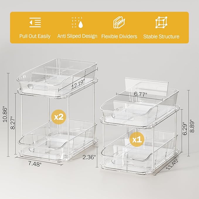 Delamu 3 Pack Bathroom Organizers and Storage, 2 Tier Clear Under Sink Organizer, Pull Out Medicine Cabinet Organizer-NeatNest