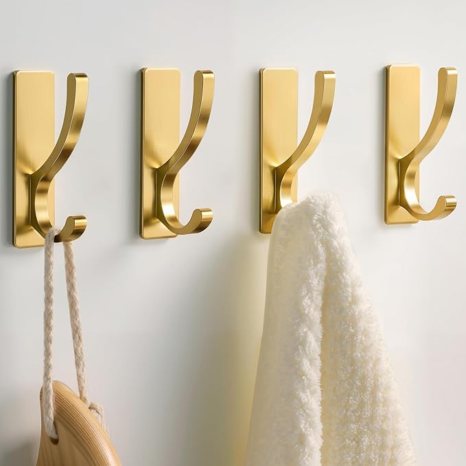 Adhesive Wall Hooks for Towels Coats - Stick On Hooks Hanging Heavy Duty (13lb), Metal Hook for Door, Bathroom, Dorm, Closet - Hanger for Purse, Bag, Robe,Backpack - No Damage to Wall - Gold 4 Pack