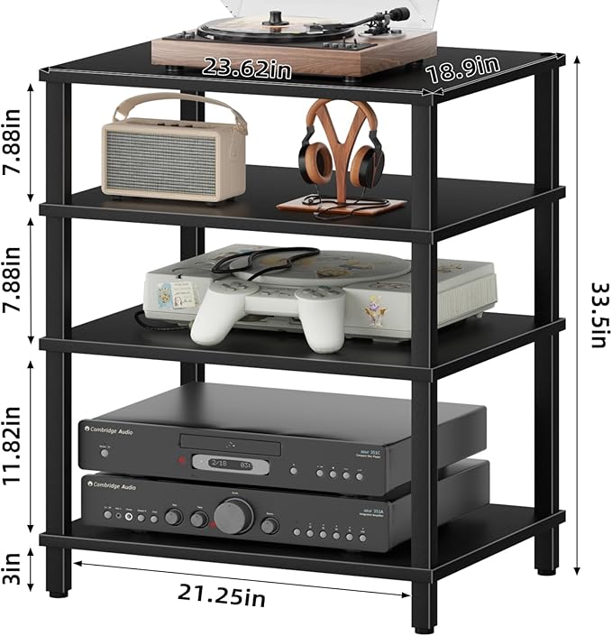 4-Tier AV Media Player Stand, Black Stereo Cabinet, Modern Stereo Cabinet, Wooden TV Stand,Game Console Shelf, Multifunctional Entertainment Center, Suitable for Home, Conference Room, Game Studio-NeatNest