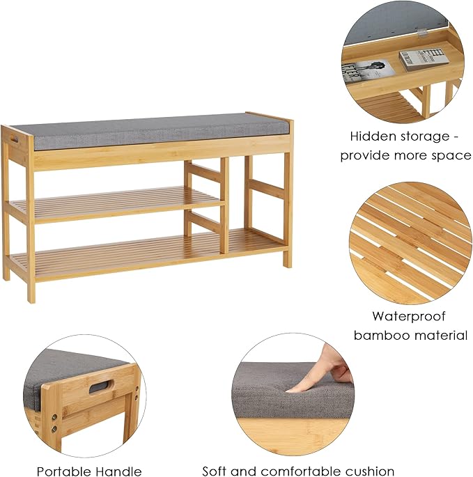 HIFIT Bamboo Shoe Bench Rack with Storage, Entryway Storage Bench with Padded Seat, Shoe Oiganizer Shelf for Entryway Mudroom Bathroom Hallway, Natural