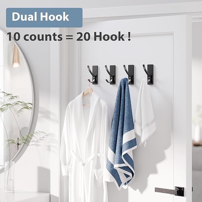 10-Pack Self Adhesive Towel Hooks: Extra Strong 13LB, Stainless Hook for Hanging Loofah, Towels, Coat, Bath Robe Bathroom Shower, Black
