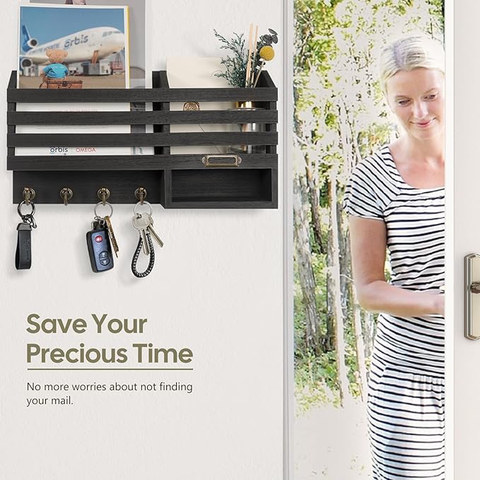 FifthQuarter Key Holder for Wall: Easy Mounted Key Rack and Mail Organizer with Store Shelf and Four Sturdy Keys Hooks Decor in Kitchen|Farmhouse|Entryway|Mudroom (Black)