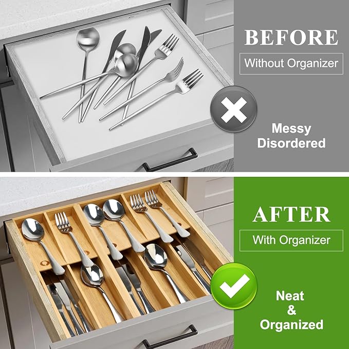 Bamboo Silverware Drawer Organizer Cutlery Tray for Drawer Wood Kitchen Utensil Tray Flatware Caddy Cutlery Holder Utensil Drawers Organizer for Spoon Fork Knives Wooden Silverware Trays-NeatNest