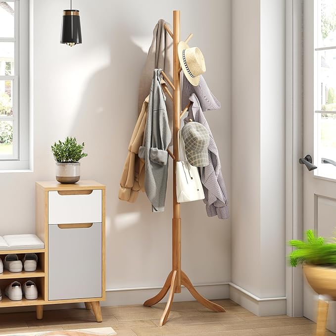 Coat Rack Freestanding, Bamboo Wood Coat Stand with 8 Hooks,3 Adjustable Size,Easy Assembly NO Tools Required, Coat Tree Hanger Stand for CoatsScarves in Hallway-NeatNest