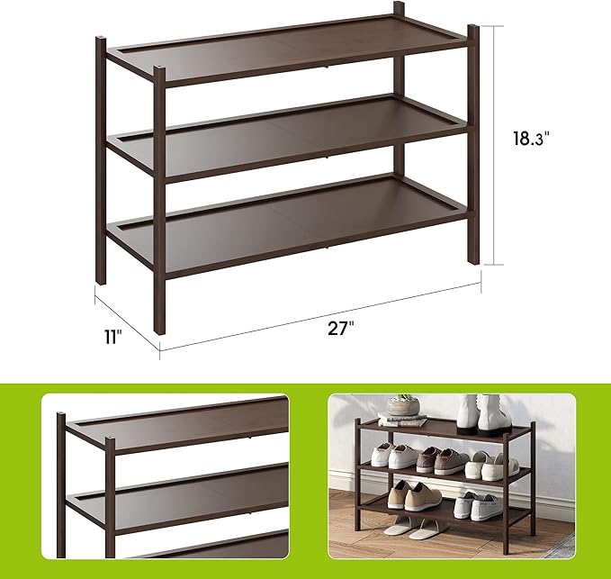 BMOSU 3-Tier Bamboo Shoe Rack Premium Stackable Shoe Shelf Storage Organizer for Hallway Closet Living Room Entryway Organizer(Brown)-NeatNest