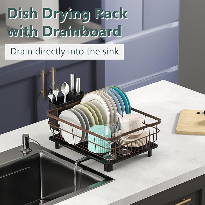 Iron Dish Drying Rack with Drainboard Dish Drainers for Kitchen Counter Extendable Spout Strainers with Utensil Holder and Knife Slots, Brown