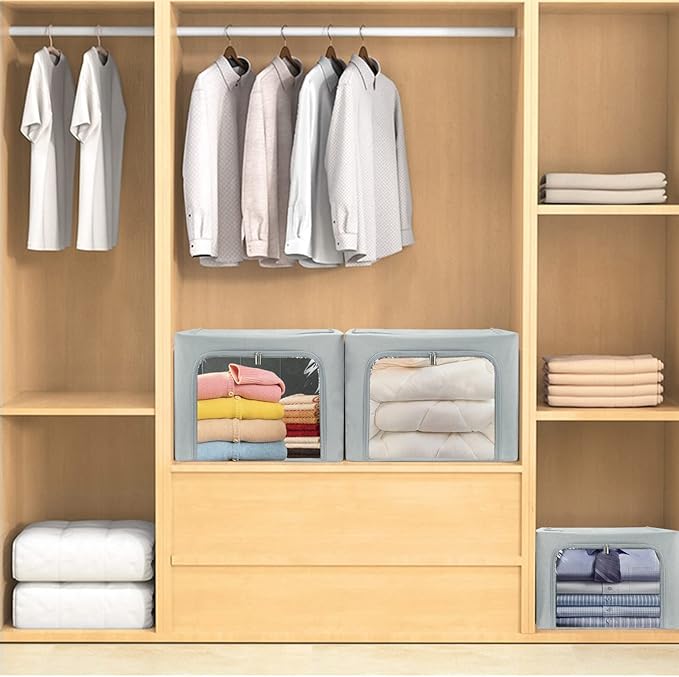 UUBEMM Clothes Storage Bins with Foldable Sturdy Frame,Stackable Storage Box for Closet Shelf Organizers for Seasonal Clothing,Blankets,Towel Bed Sheets,Toys Gift Others (Medium -40L x3PACK, Grey)-NeatNest