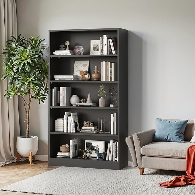 Farini 60 Inch Tall 5-Shelf Bookcase, Wood Bookshelf Storage Organizer Adjustable Shelf for Home Office, Study Room, Easy Assembly,Black