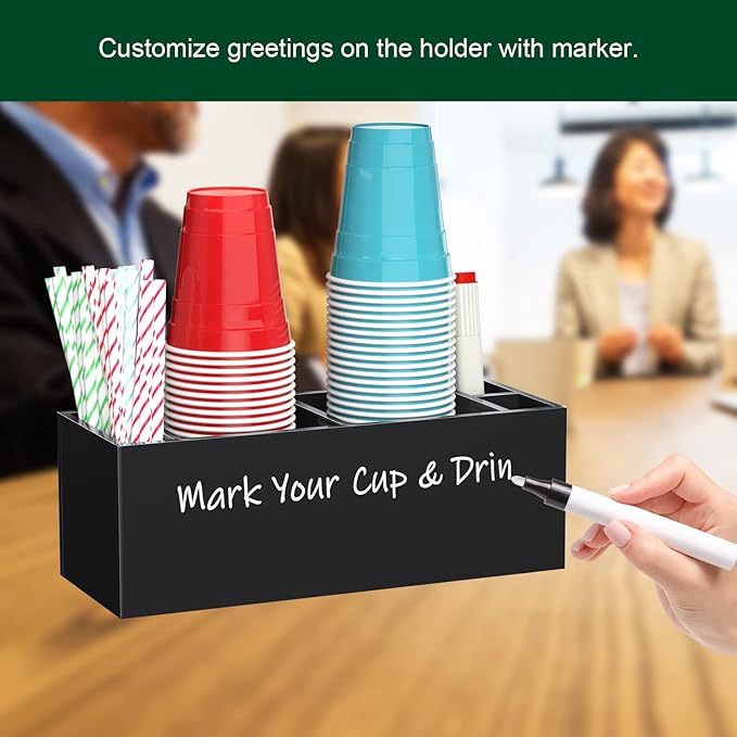 Double Cup Holder with Marker Slot, Party Cup Dispenser Acrylic Cup Organizer Mark Your Cup and Drink Up Caddy Modern Bar Counter Decor, Black-NeatNest