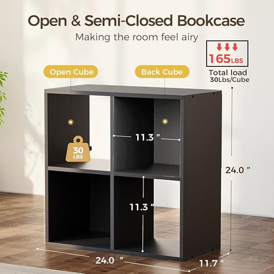 COMHOMA 4 Wood Cube Storage Organizer with Open Back and Removable Back Panels, 11In Black Cube Storage Bookshelf, Cubicle Shelf Bookcase for Home Office Bedroom Living Room, Vertical or Horizontal-NeatNest