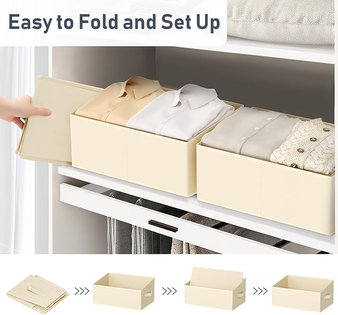 DIMJ Large Closet Storage Bins 8 Pack - Fabric Trapezoid Closet Organizer Bin, Foldable Storage Baskets for Shelves, Closet Shelf Organizer, Clothing Storage Box for Toys, Books, Towel, Clothes, Beige-NeatNest