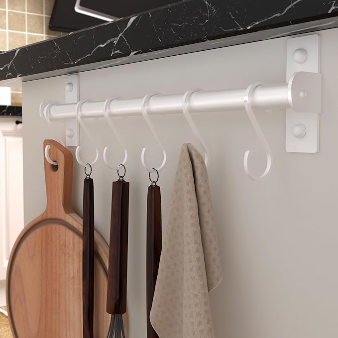 Dseap Kitchen Utensil Holder Hanger, Pot and Pan Rack Wall Mounted, Kitchen Rail with 8 Hooks for Hanging Cooking Utensils, Mugs, Spoons, Wall Mounted, White, Pack of 2-NeatNest